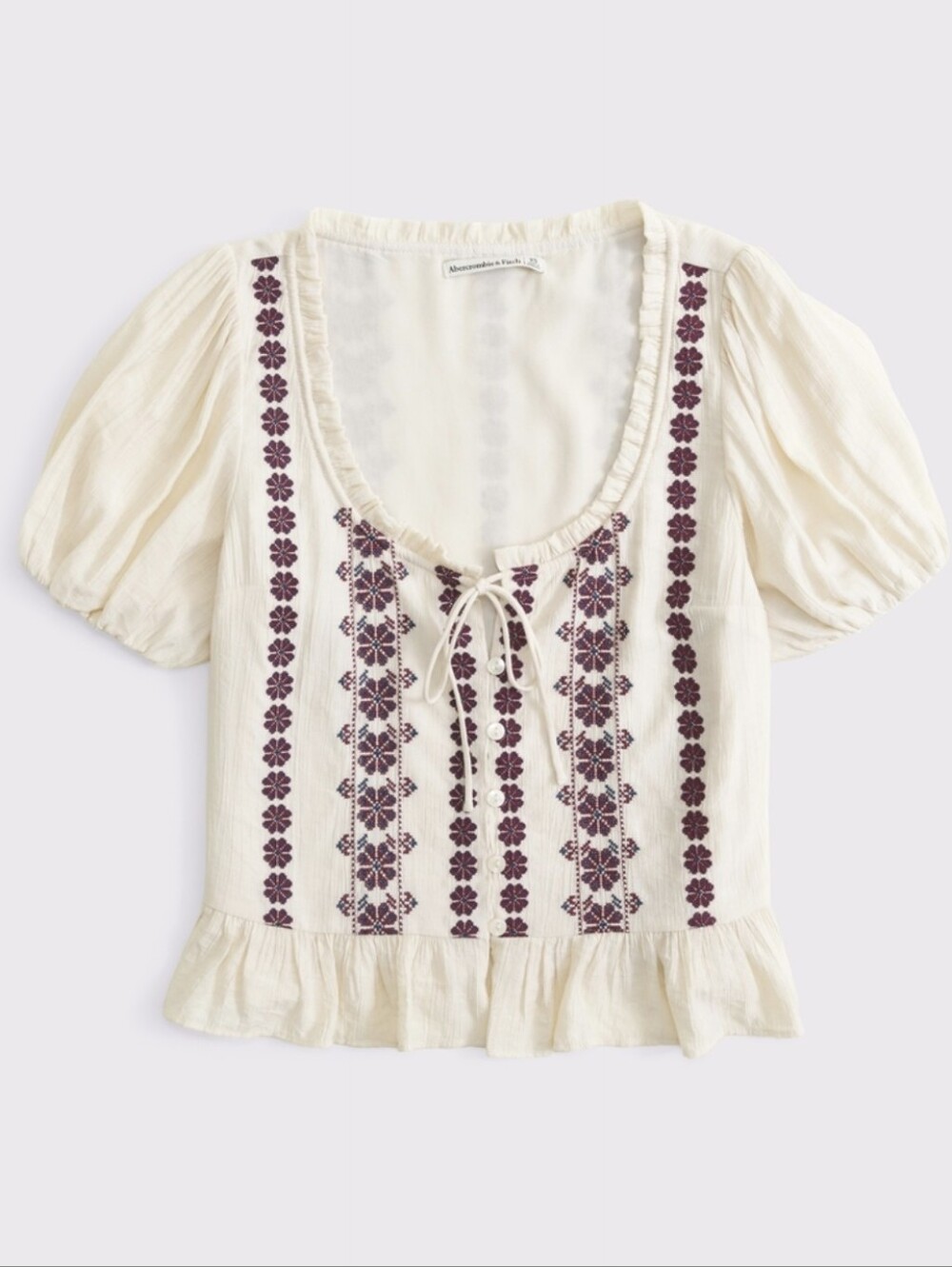 Abercrombie & Fitch Embroidered Peplum Puff Sleeve Top